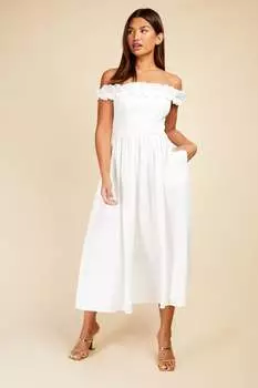 Платье Midaxi с вырезом бардо и вафельной фактурой Little Mistress, белый