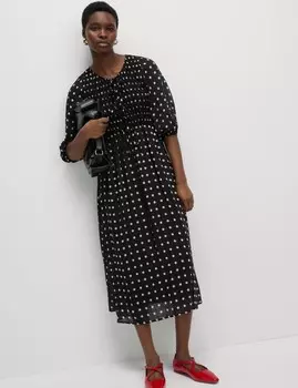 Платье Midaxi с завязками спереди и принтом, присборенное Marks & Spencer, черный