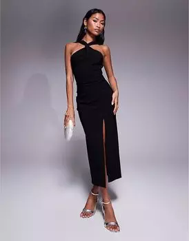 Платье мидакси Vesper bengaline с закрученным спереди халтер-воротником и боковыми разрезами черного цвета