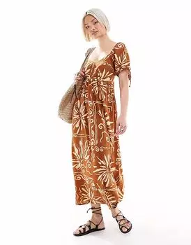 Платье мидакси Wednesday's Girl с цветочным принтом и рукавами-фонариками коричневого цвета