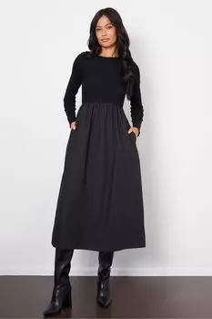 Платье миди 2 в 1 из трикотажного полотна в рубчик с юбкой из поплина Threadbare, черный