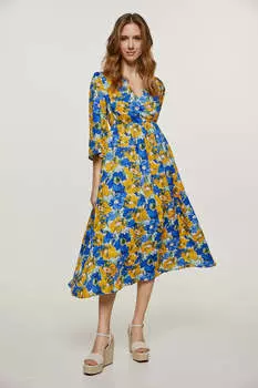 Платье миди ампирного силуэта с цветочным принтом Conquista, бирюзовый