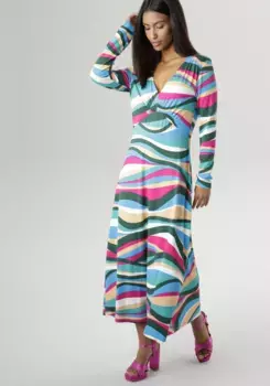 Платье миди Aniston SELECTED с ярким узором по всей поверхности — каждое изделие уникально, зеленый