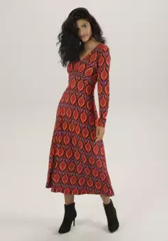 Платье миди Aniston SELECTED со присборенными вставками и ретро-принтом - НОВАЯ КОЛЛЕКЦИЯ, красный
