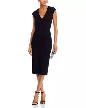 Платье миди AQUA с V-образным вырезом и понте с короткими рукавами, черный