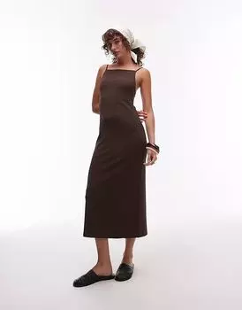 Платье миди ARKET с квадратным вырезом и без рукавов, шоколадно-коричневого цвета