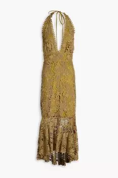 Платье миди асимметричного кроя из хлопкового гипюра и кружева с вырезом халтура MARIA LUCIA HOHAN, зеленый