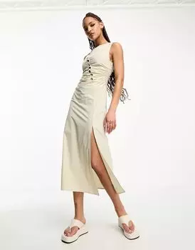 Платье миди асимметричного кроя со сборками Urban Revivo нейтрального тона