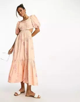 Платье миди Asos Design 2 в 1 с пышными рукавами и вырезом, розовый