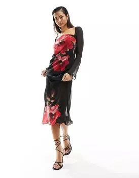 Платье миди Asos Design Chiffon With Bolero Sleeves In Placement Print, черный/красный