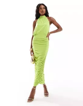 Платье миди Asos Design Halter Neck With Ruched Skirt, светло-зеленый