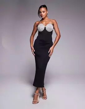 Платье-миди ASOS DESIGN из подводного плавания с серебристым бюстгальтером черного цвета