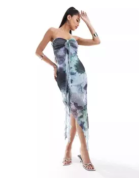 Платье миди Asos Design Mesh Bandeau Frill Detail Floral Print, синий