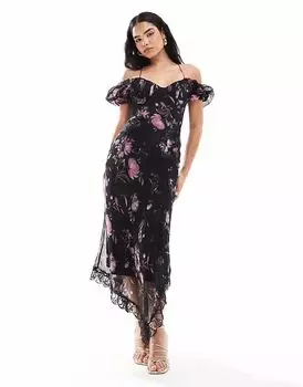 Платье миди ASOS DESIGN «молочная горничная» с кружевной отделкой и темным цветочным принтом