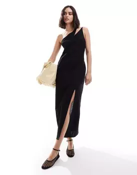 Платье миди Asos Design One Shoulder Split Strap Linen, черный