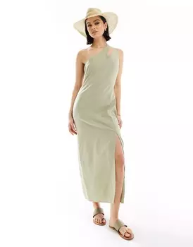 Платье миди Asos Design One Shoulder Split Strap Linen, светло-зеленый
