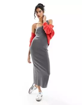 Платье миди Asos Design One Shoulder Strappy Ribbed, серый