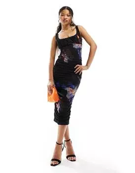 Платье миди Asos Design Petite Ruched Cami Mesh In Abstract Print, черный/синий