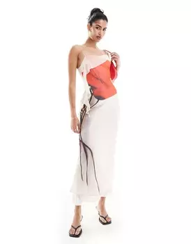 Платье миди Asos Design Placement Print Floral Slip With Tendril Detail, белый/красный