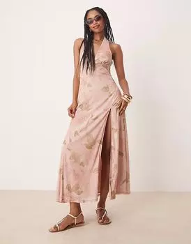 Платье миди ASOS DESIGN с бретелью через шею и разрезом спереди в розовом винтажном цветочном стиле