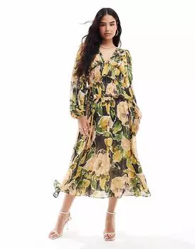 Платье миди ASOS DESIGN с глубоким вырезом и оборками, с фактурным зеленым цветочным принтом