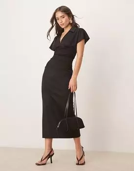 Платье миди ASOS DESIGN с короткими рукавами, воротником и резинкой на талии, черное