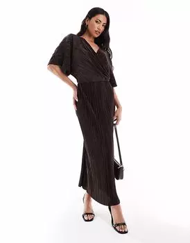 Платье миди ASOS DESIGN с плиссированной юбкой и запахом спереди шоколадного цвета