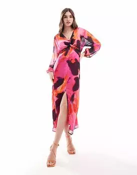 Платье миди ASOS DESIGN с прозрачным узлом спереди и абстрактным розовым принтом