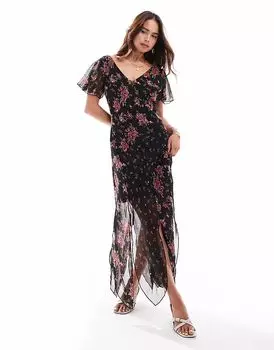 Платье миди ASOS DESIGN с V-образным вырезом и черным цветочным принтом