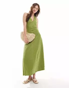 Платье миди ASOS DESIGN с вышивкой халтер оливкового цвета