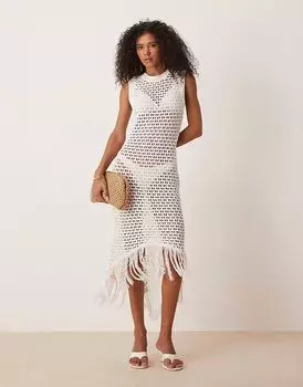 Платье миди ASOS DESIGN, связанное крючком, с бахромой по низу, белое