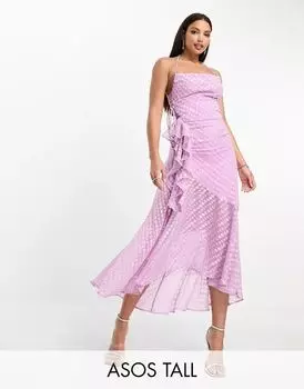 Платье миди ASOS DESIGN Tall из сиреневой ребристой ткани с воротником-хомутом, рюшами и глубоким подолом