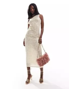 Платье миди Asos Design Twist Off Shoulder Sequin, золотой