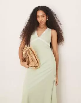 Платье миди ASOS DESIGN V-образного выреза спереди с кружевной вставкой цвета шалфея