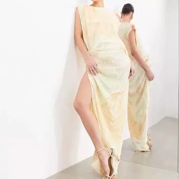 Платье-миди Asos Draped With Sequins In An Abstract Style With A Side Slit, светло-бежевый