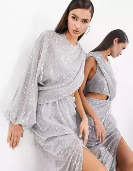 Платье-миди Asos Edition One Sleeve Cut Out Detail In Sequin, серебристый