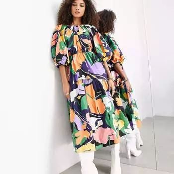 Платье-миди Asos Edition Volume Sleeve With Cut-out Back In Abstract Print, мультиколор