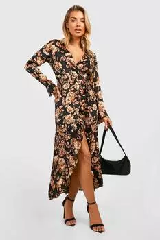 Платье миди атласное с цветочными рюшами Boohoo, черный