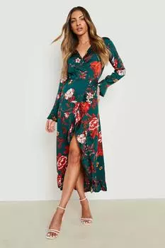 Платье миди атласное с цветочными рюшами Boohoo, зеленый