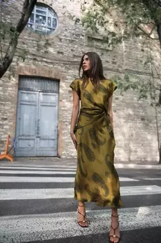 Платье миди атласное с принтом ZARA, разноцветный