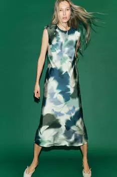 Платье миди атласное с принтом ZARA, зеленый/экрю