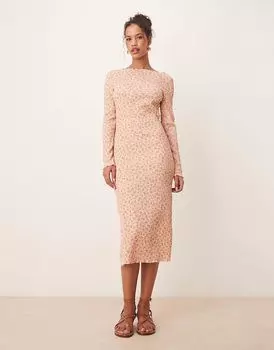 Платье миди AWARE плиссе с нежно-розовым цветочным принтом