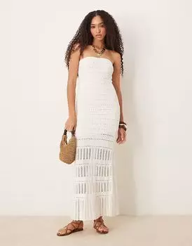 Платье миди без бретелек из кружева Abercrombie & Fitch кремового цвета