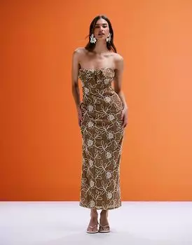 Платье миди без бретелек крючком ASOS DESIGN бежевого цвета с цветочной вышивкой и перекрученной деталью