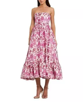 Платье миди без бретелек с цветочным узором и парчой Mac Duggal, розовый