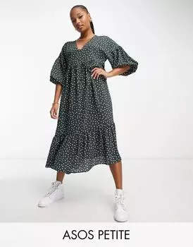 Платье миди без рукавов ASOS DESIGN Petite в бутылочно-зеленый горошек