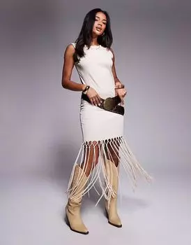 Платье миди без рукавов ASOS DESIGN с бахромой по низу в стиле макраме в каменном цвете