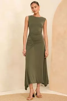 Платье миди без рукавов из премиального джерси с оборками Love & Roses, зеленый