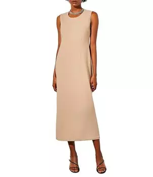 Платье миди без рукавов с декором Ming Wang из креповой ткани с круглым вырезом, бежевый