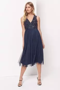 Платье миди без рукавов с пайетками и V-образным вырезом Maya, синий